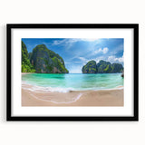 Framed wall art collection showcasing a serene beach landscape in soft blue and sandy tones, featuring a sleek black frame and white matting for an elegant presentation. Ideal for home decor, adding a calming coastal vibe to any room.