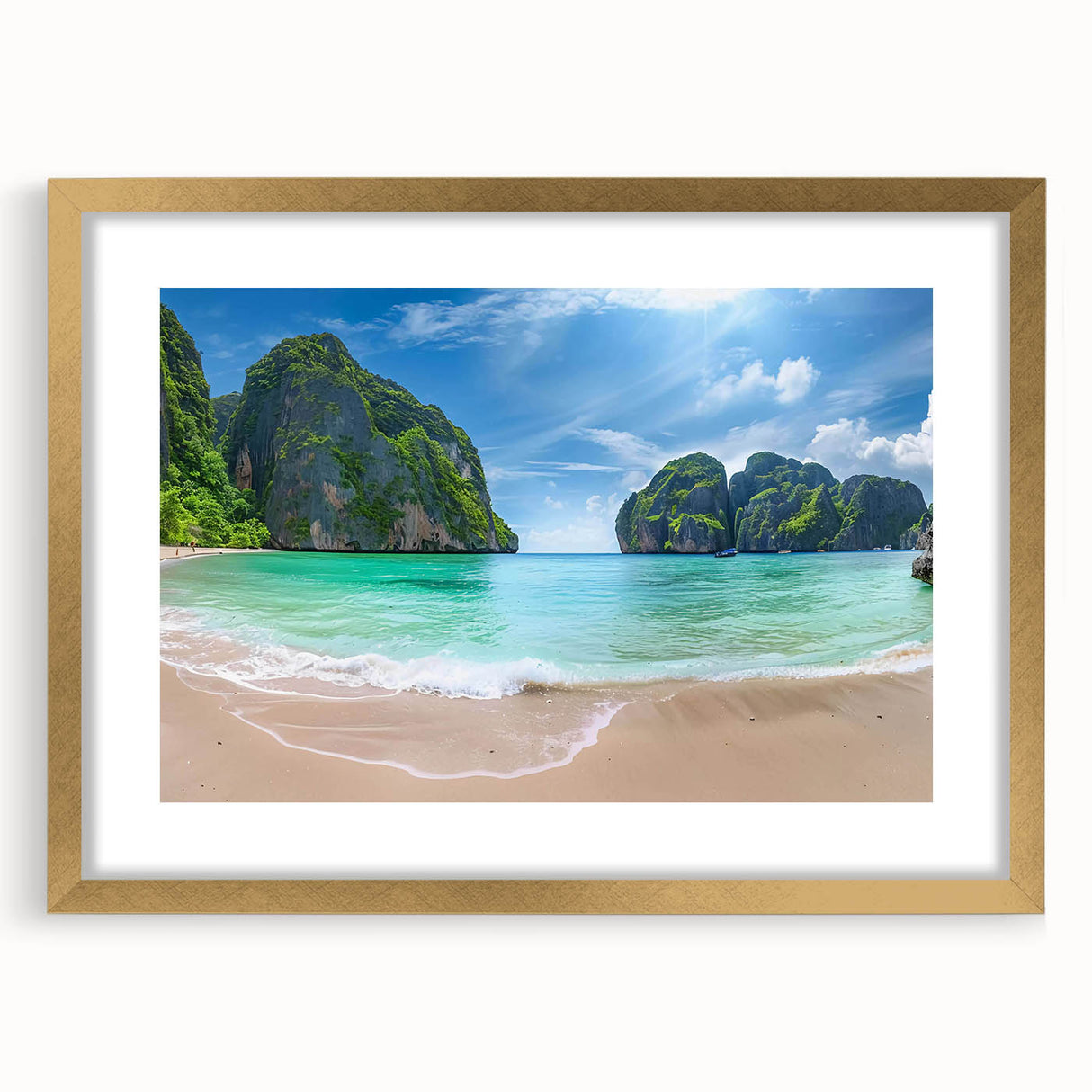 Elegant gold-framed wall art showcasing a serene beach landscape, featuring soft pastel colors and a textured mat, perfect for enhancing modern home decor.