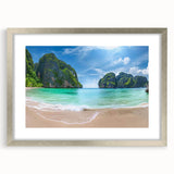 Framed wall art collection showcasing a serene beach landscape with vibrant colors and a silver mat, perfect for home decor. Ideal for coastal-themed interiors.