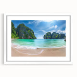 Framed wall art featuring a serene beach landscape design, showcasing soft blue and sandy tones, presented in a white mat and frame, ideal for coastal decor.