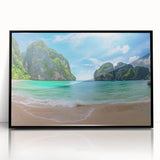 Framed acrylic wall art showcasing a vibrant beach landscape with vivid colors, set in a sleek black frame, perfect for enhancing modern home decor.