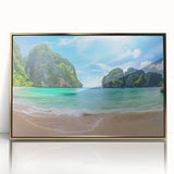 Framed acrylic wall art featuring a stunning beach landscape design, showcasing vibrant colors with a gold frame, perfect for enhancing modern home décor.