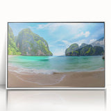 Framed acrylic wall art showcasing a serene beach landscape with vibrant colors, perfect for home decor. The white frame enhances the coastal aesthetic, ideal for a calming atmosphere.