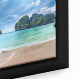 Framed canvas wall art showcasing a vibrant beach landscape design with vivid colors and intricate details, ideal for home decor and coastal themes.
