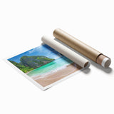 Vibrant rolled canvas print showcasing a serene beach landscape, featuring soft pastel colors and gentle waves, perfect for home decor or relaxation spaces.