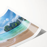 Colorful landscape beach wall art print showcasing vibrant blue ocean waves, golden sand, and a clear sky, rolled and ready for framing. Ideal for coastal decor enthusiasts.