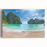 Stretched canvas wall art showcasing a vibrant beach landscape with golden sands and turquoise waves, perfect for coastal-themed decor, enhancing any living space.