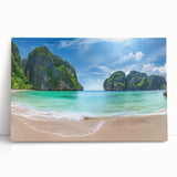 Stretched canvas wall art featuring a serene beach landscape with vibrant colors, perfect for adding a coastal vibe to any room decor. Ideal for beach lovers and home decoration enthusiasts.