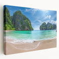 Stretched canvas wall art showcasing a serene beach landscape with vibrant blue skies and golden sand, perfect for coastal-themed decor in living spaces.