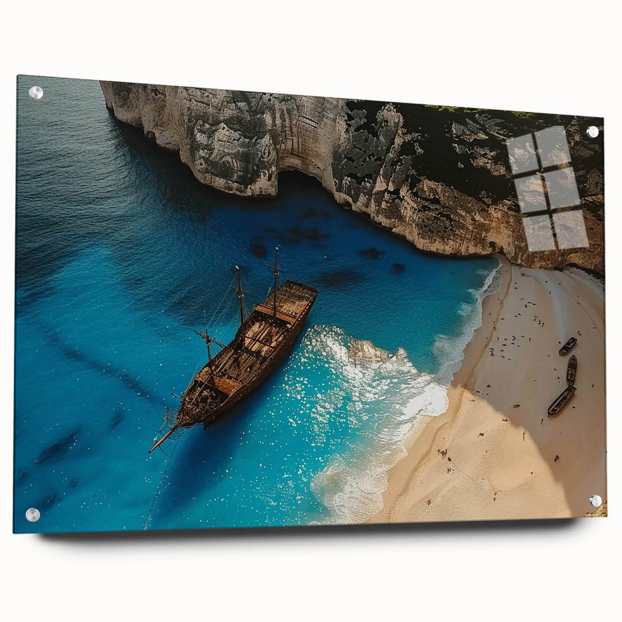 Acrylic glass wall art featuring a vibrant beach landscape design, showcasing serene ocean waves and golden sand, elegantly displayed with pins against a neutral backdrop.