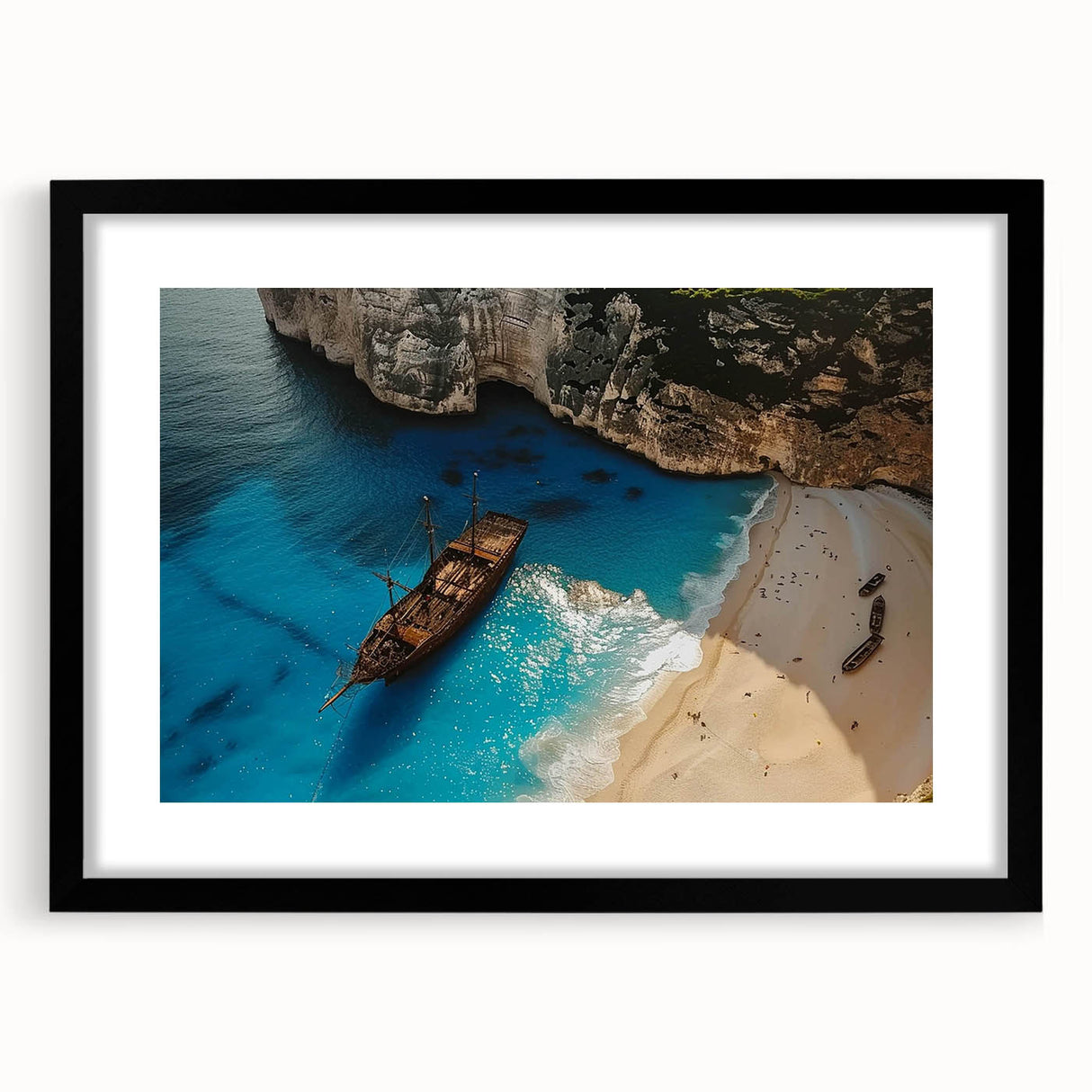 Framed wall art featuring a serene beach landscape with vibrant colors, black matting, and a sleek black frame, perfect for enhancing home decor.