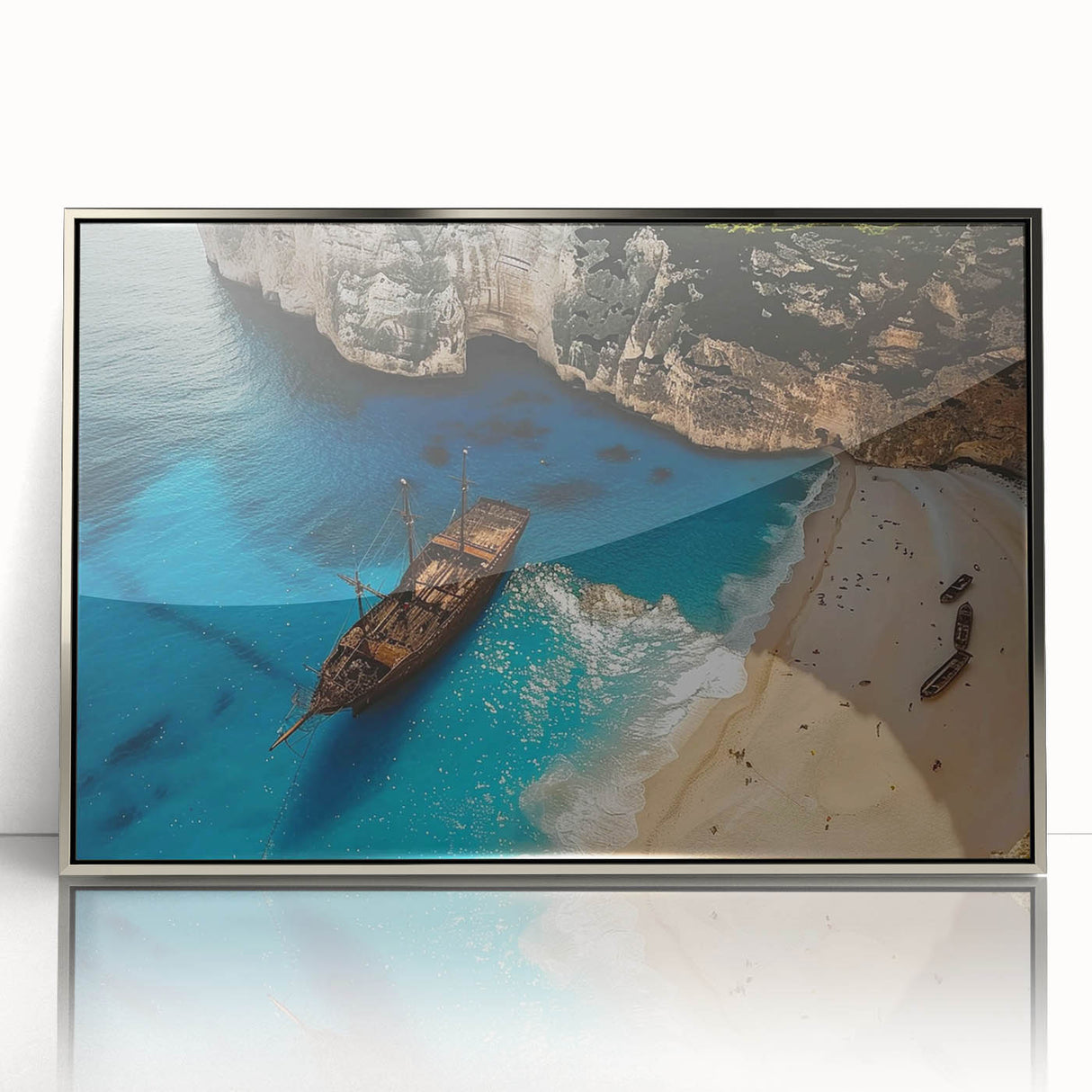 Framed acrylic wall art showcasing a serene beach landscape with vibrant colors, elegantly designed with a silver border, perfect for home decor.