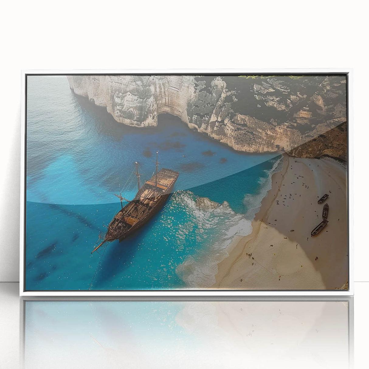 Framed acrylic wall art showcasing a vibrant beach landscape with soft waves and a clear blue sky, designed to enhance modern home decor in a white frame.