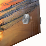 Close-up view of a vibrant acrylic glass wall art piece showcasing a serene beach landscape design, highlighting vivid colors and intricate details, ideal for home decor.
