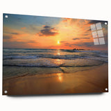 Acrylic glass wall art showcasing a stunning beach landscape design, featuring vibrant colors and intricate details, displayed from a side view with pins for easy hanging.