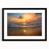 Framed wall art showcasing a serene beach landscape in vibrant colors, featuring a black mat and sleek frame, perfect for enhancing modern home decor.