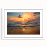 Framed wall art design showcasing a serene beach landscape with soft waves and a clear blue sky, set in a stylish white mat and frame, ideal for home decor.