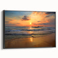Framed canvas wall art showcasing a serene beach landscape with vibrant colors, featuring a black frame for a modern touch, perfect for home decor.