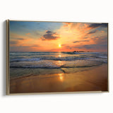 Framed canvas wall art showcasing a serene beach landscape with vibrant colors and a gold frame, perfect for enhancing home decor with a coastal vibe.