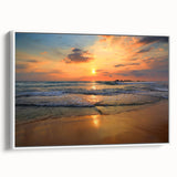 Framed canvas wall art showcasing a serene beach landscape with soft waves and a blue sky, perfect for adding a tranquil touch to home decor.