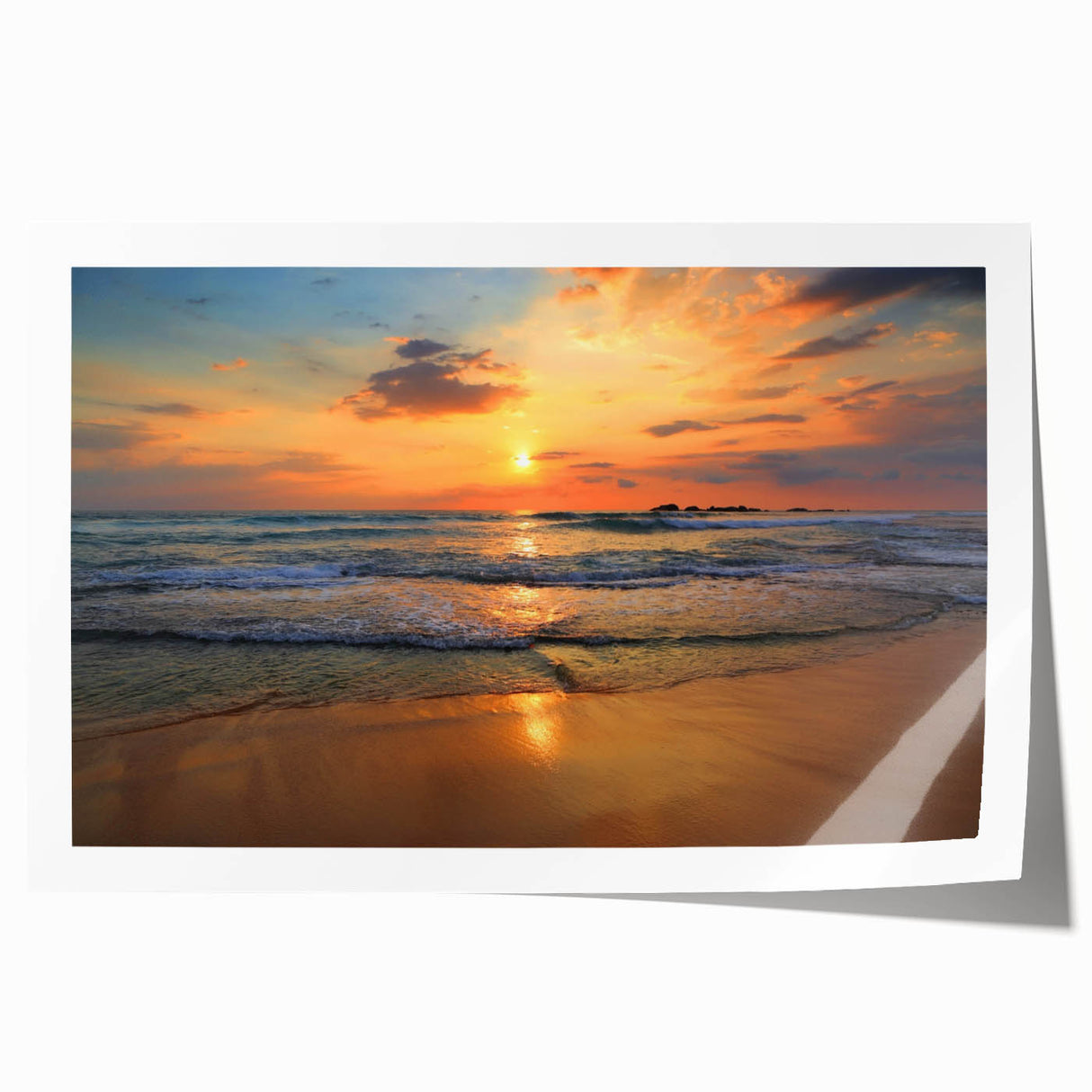 Vibrant landscape beach wall art print showcasing serene ocean waves and golden sand, rolled for easy shipping and perfect for home decor.