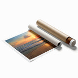 Vibrant rolled print of a serene beach landscape, showcasing soft waves and golden sands, ideal for home décor and art enthusiasts seeking tranquility.