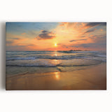 Stretched canvas wall art showcasing a vibrant beach landscape with vivid blues and greens, perfect for adding a coastal theme to home decor.