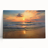 Stretched canvas wall art showcasing a tranquil beach landscape with vibrant colors, leaning against a neutral wall, perfect for coastal home decor.
