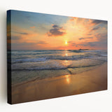 Stretched canvas wall art featuring a serene beach landscape design, showcasing vibrant colors of blue and sandy hues, ideal for coastal home decor.