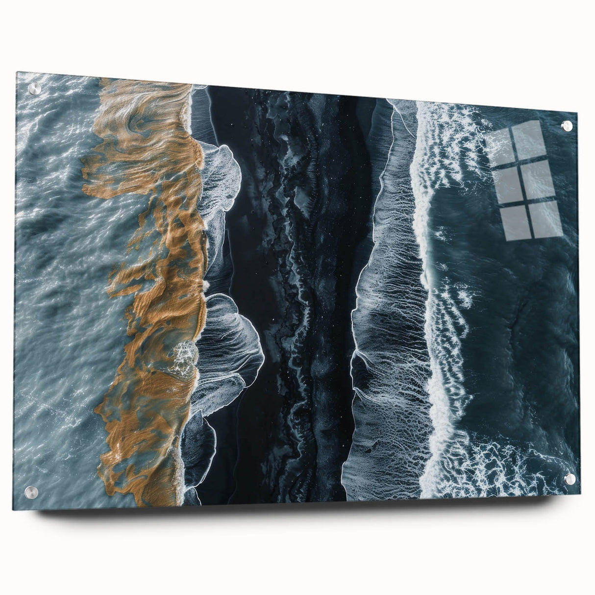 Acrylic glass wall art displaying a vibrant beach landscape with blue skies and golden sands, elegantly pinned on a white backdrop, ideal for coastal decor.