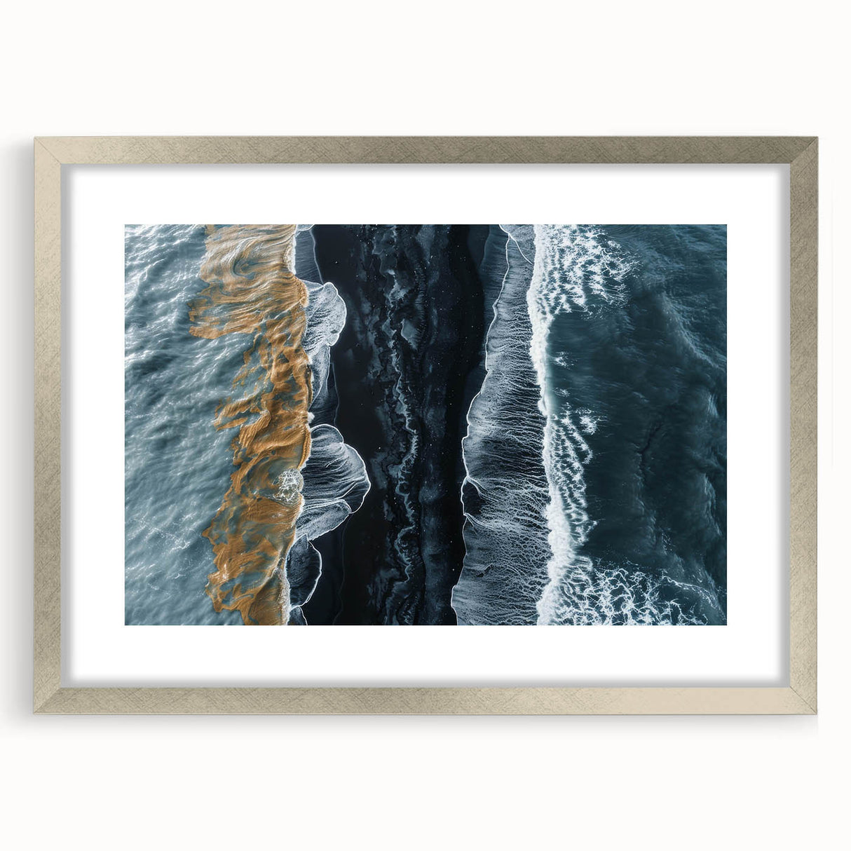 Framed wall art collection showcasing a serene beach landscape design with a silver mat, perfect for home decor. Ideal for coastal-themed interiors.