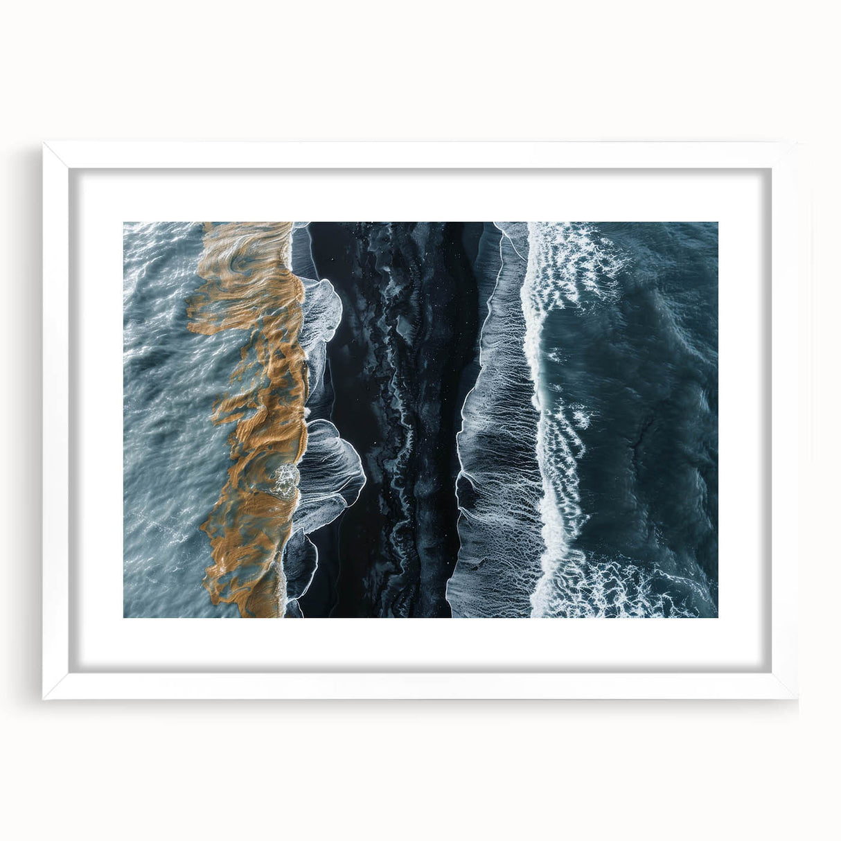 Framed wall art showcasing a serene beach landscape with vibrant colors, featuring a white mat and sleek frame, perfect for home decor enhancement.