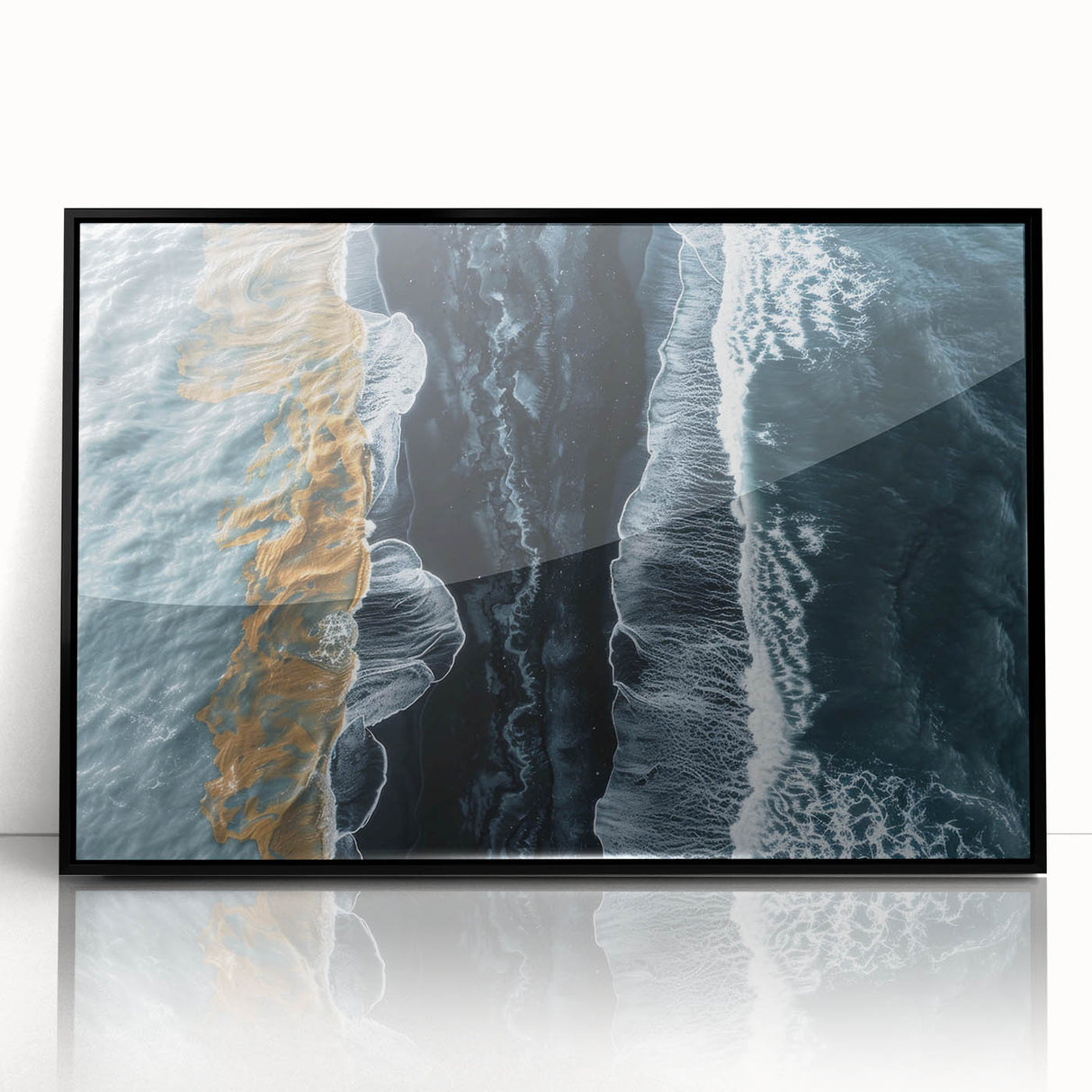 Framed wall art depicting a serene beach landscape with vibrant colors and intricate details. The artwork features a black frame, enhancing the coastal scene and adding elegance to any decor. Perfect for home or office settings, it evokes a sense of tranquility and connection with nature.