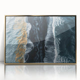 Framed acrylic wall art of a serene beach landscape with golden accents, showcasing vibrant colors and detailed textures, perfect for home decor.