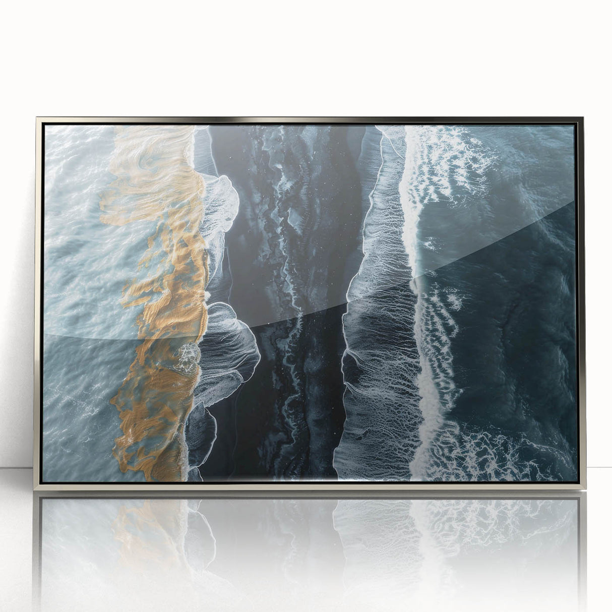 Framed wall art collection featuring a serene beach landscape design with vibrant colors, set in a stylish silver frame, perfect for home decor.
