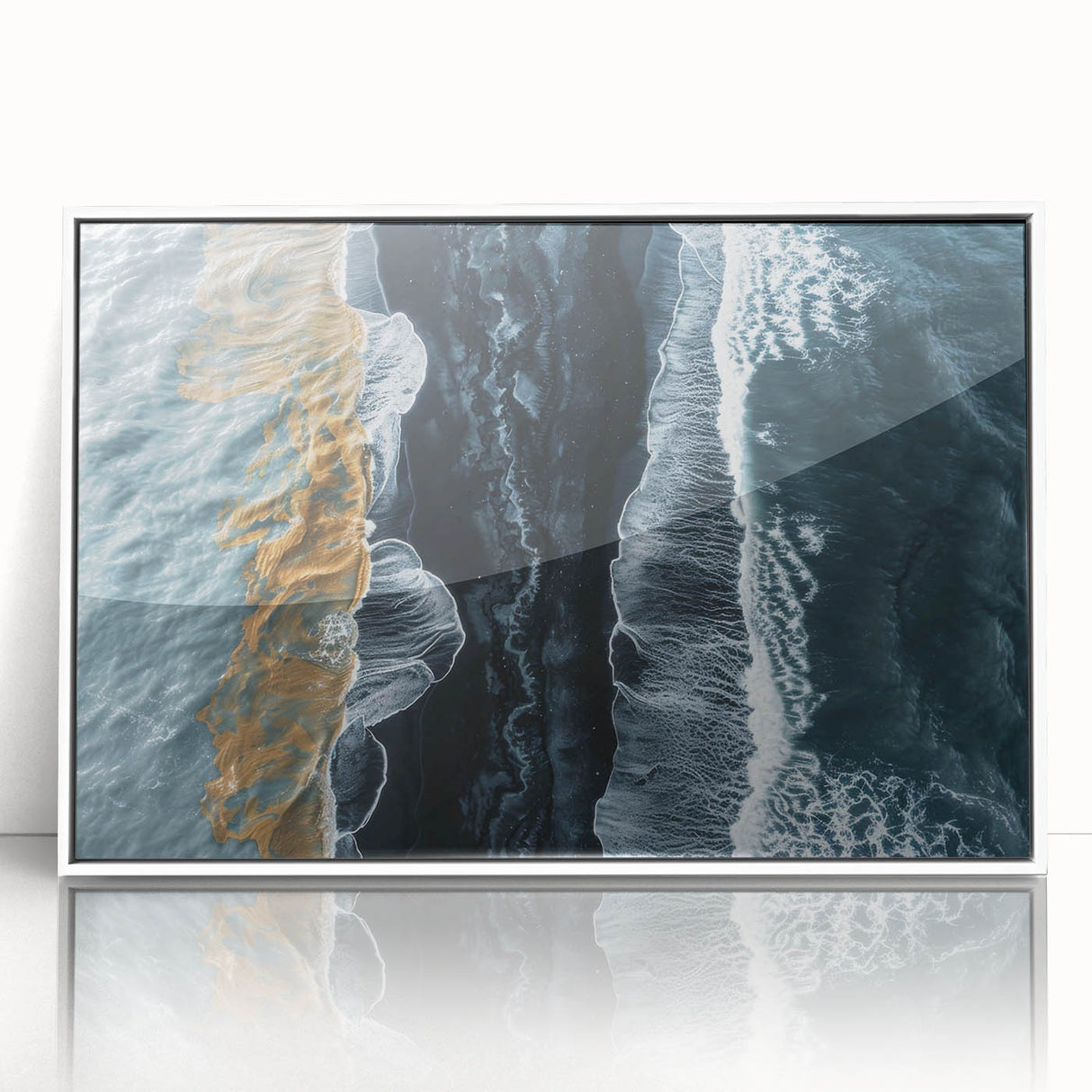 Framed acrylic wall art showcasing a serene beach landscape with soft pastel colors, ideal for home decor. Perfect for adding a calming coastal vibe to any space.