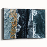 Framed canvas wall art showcasing a serene beach landscape, featuring vibrant colors and intricate details, displayed from a side view against a neutral background.