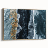 Framed canvas wall art showcasing a serene beach landscape with golden hues, perfect for coastal home decor. Side view highlighting the elegant frame design.