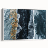 Framed canvas wall art showcasing a serene beach landscape with vibrant colors and detailed textures, elegantly displayed in a white frame, ideal for home decor.