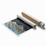 Vibrant rolled canvas print showcasing a serene beach landscape with soft waves and golden sand, perfect for enhancing coastal decor in any room.