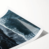 Vibrant rolled print of a serene beach landscape featuring soft waves and a colorful sunset, designed for wall art enthusiasts, perfect for home decor.