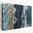Stretched canvas wall art showcasing a vibrant beach landscape design with soothing blue and sandy tones, perfect for coastal-inspired home decor.