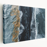 Stretched canvas wall art showcasing a vibrant beach landscape design with soothing blue and sandy tones, perfect for coastal-inspired home decor.