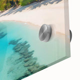 Close-up view of a vibrant acrylic glass wall art piece showcasing a serene beach landscape, featuring vivid colors and intricate details that capture the essence of coastal beauty. Perfect for enhancing any home decor.