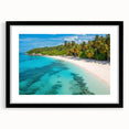 Black-framed wall art featuring a serene beach landscape with vibrant colors, perfect for home decor. Ideal for creating a calming atmosphere in living spaces.