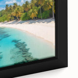 Framed canvas wall art showcasing a vibrant beach landscape with vivid colors and intricate details, designed to enhance home decor with a tropical vibe. Perfect for living spaces or relaxation areas, this artwork captures the essence of serene coastal beauty.