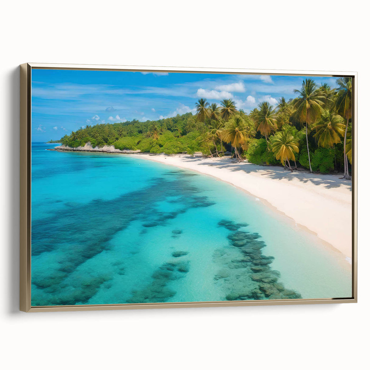 Framed wall art collection featuring a serene beach landscape design with gold accents, displayed in a stylish frame, perfect for coastal home decor.