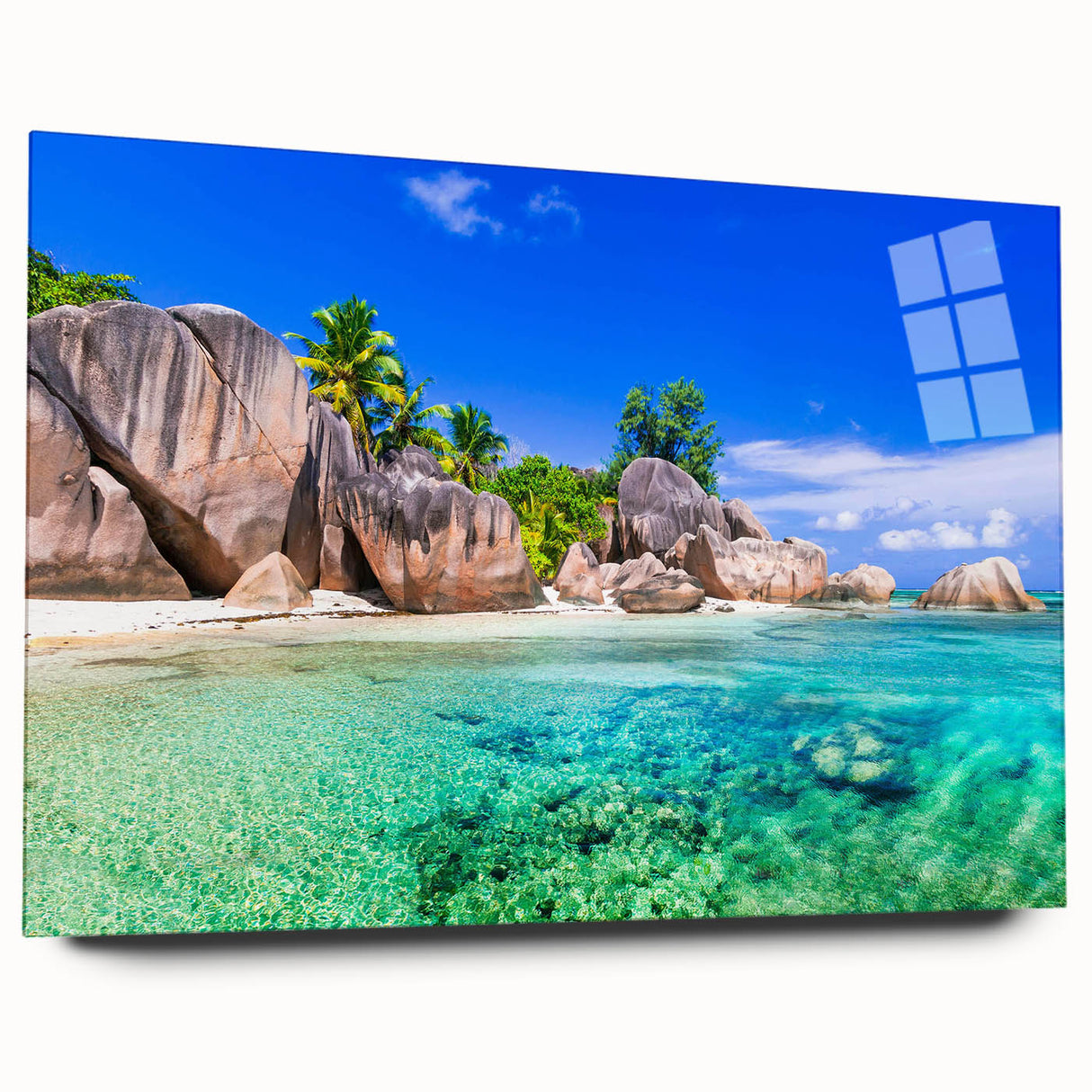 Acrylic glass wall art showcasing a serene beach landscape design, viewed from the side, highlighting vibrant colors and modern aesthetics, perfect for home decor.