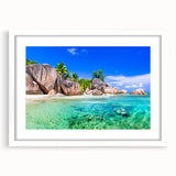 Framed wall art collection showcasing a serene beach landscape, featuring vibrant colors and a white mat border, perfect for home decor and coastal themes.