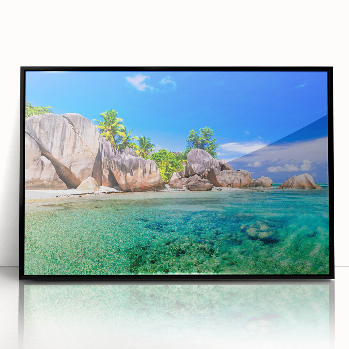 Framed acrylic wall art showcasing a serene beach landscape with vibrant colors, featuring a black frame that enhances its modern aesthetic, perfect for home decor.